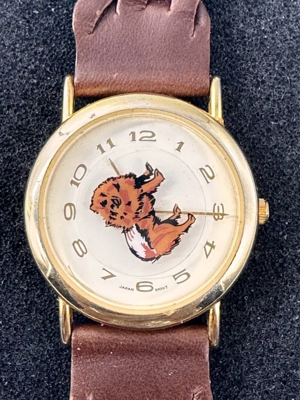 Vintage Pomeranian Watch Womens Gold Tone Brown Leather Band New Battery 9"